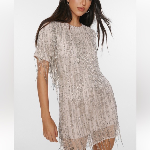 Nasty Gal Blush Silver Tassel Mini Shift Dress 8 - Picture 3 of 9